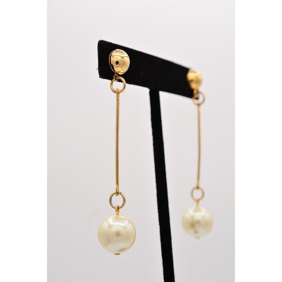 Vintage Dangle Earrings Long Round Faux Pearl Drop White Chunky 1990s BinZ - Picture 4 of 12